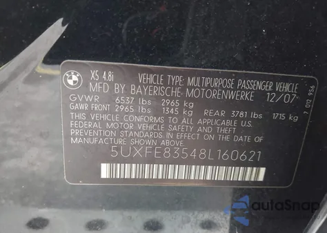 2008 BMW X5 4.8I z USA, uszkodzony, nr VIN 5UXFE83548L160621